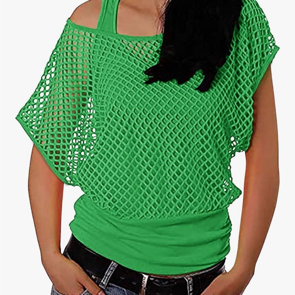 🪩 Amazon 80’s Style Green Mesh Off-Shoulder Top 🪩